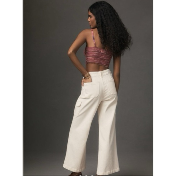 Paige Carly Wide Leg Cargo Pant 31 Cream Neutral Cotton Twill Utility Casual NWT - Picture 2 of 14